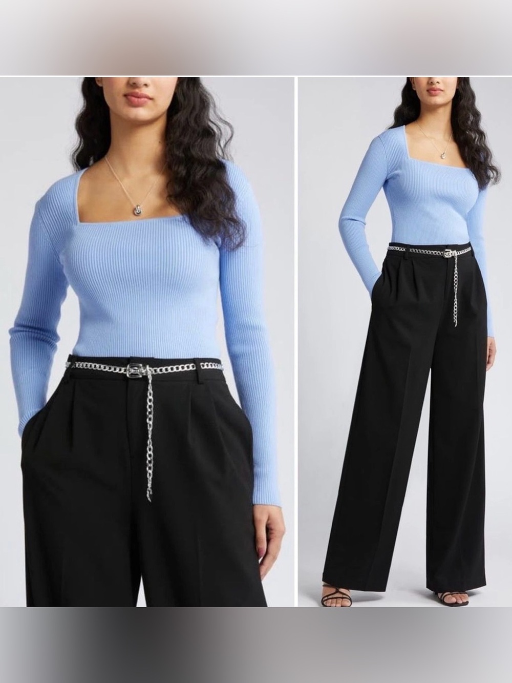 Open Edit Light Blue Square Neck Ribbed Long Sleeve Knit Top Size S  🦋
